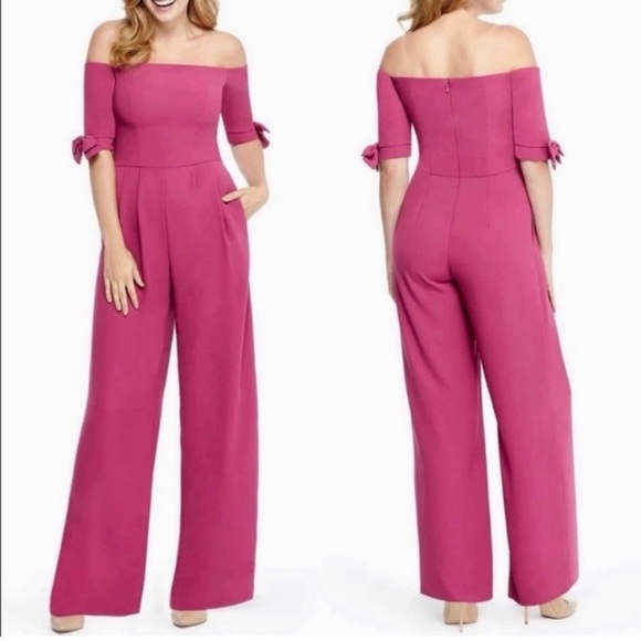Gal Meets Glam Jumpsuit Meredith Crepe Off the Shoulder Wide Leg Petite Sz 6P - Picture 1 of 14